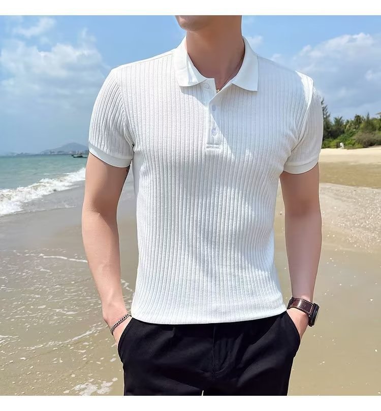 Camicia in polp intrecciato a righe estive 2023 T-shirt in seta di ghiaccio Versatile tinta unita comoda manica corta - stampabile Tiktok_voghion.com