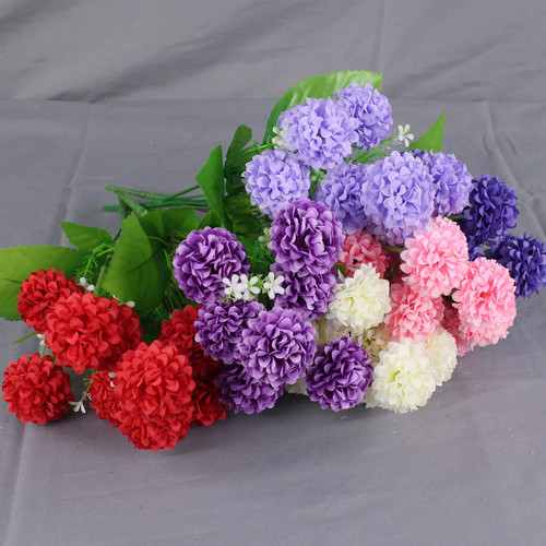 Single bunch of artificial flowers, 9-headed hydrangea flowers, lilac balls, chrysanthemum bunches, wedding decoration, bunches for engineering and arrangement, silk flowers