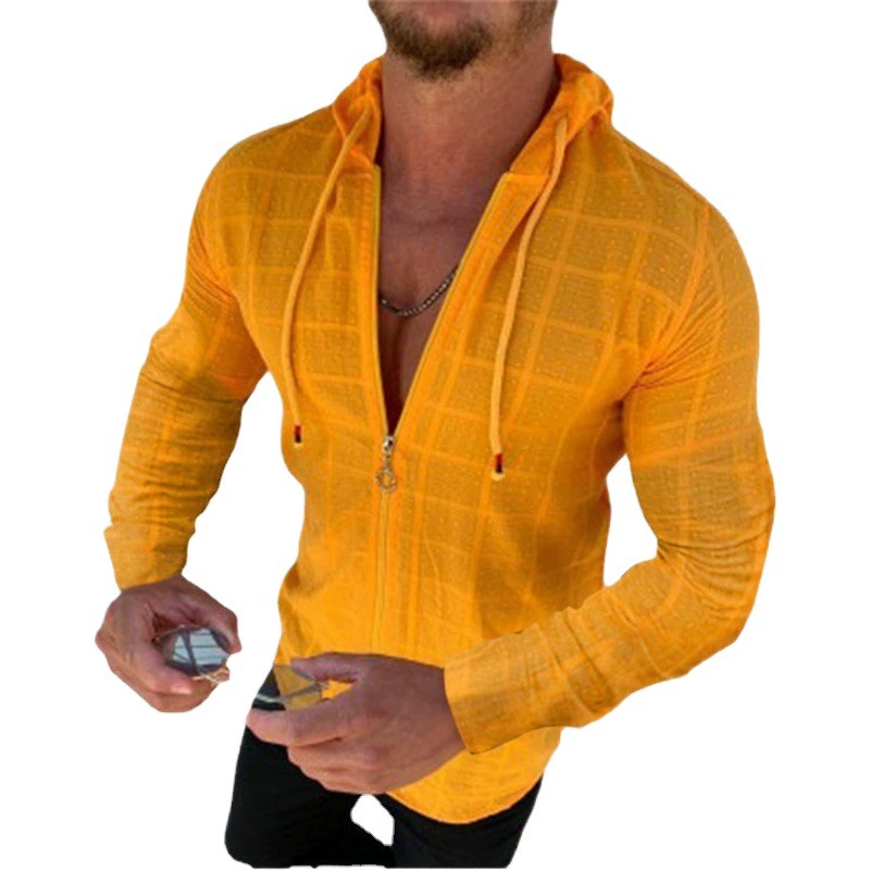 Мужская модная повседневная футболка с капюшоном на молнии, облегающая, однотонная, с тиснением, осень 2025, новинка европейского и американского стиля, для внешней торговли