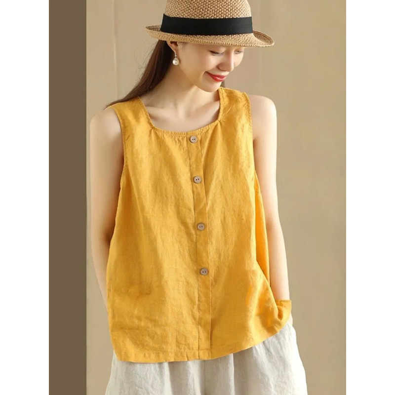 Cotton Linen Sleeveless T-Shirt This Summer Simple Button Decorative Vest All-match Loose Vest T-shirt Pullover Top
