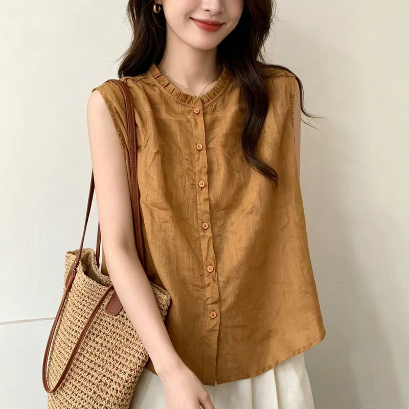 Ramie Sleeveless Blouse 2026 Vintage Style Solid Color Lace Collar Lightweight Age-Reducing Versatile Loose Cardigan Top for Women Ramie Sleeveless Blouse 2026 Vintage Style Solid Color Lace Collar Lightweight Age-Reducing Versatile Loose Cardigan Top for Women