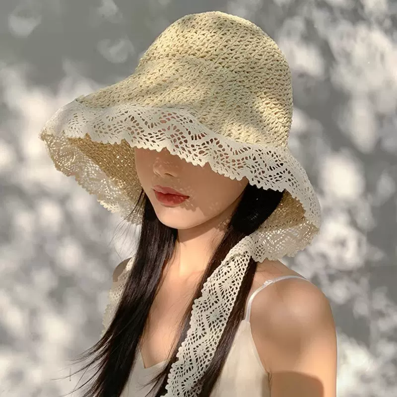 法式蕾丝花边遮阳草帽女夏季大帽檐飘带渔夫帽海边可折叠太阳帽子