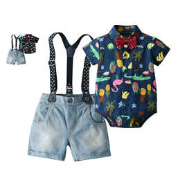 外贸童装一手货源宝宝英伦背带裤两件套儿童服装夏季短袖男童套装