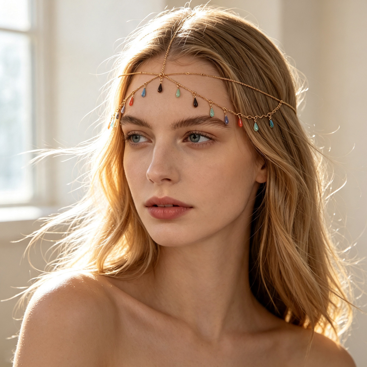 Exotic style multi-layered gold head chain, fashionable colorful water drop pendant hair accessory, holiday photo shoot party decorative headpiece