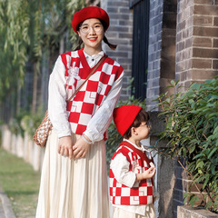 Cotton] 2023 new style parent-child vest, fashionable street children's Korean version fashion checkerboard parent-child wear sweater vest
