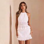 跨境欧美女装春夏露背褶皱个性珍珠链条套裙新品透气花边包臀裙