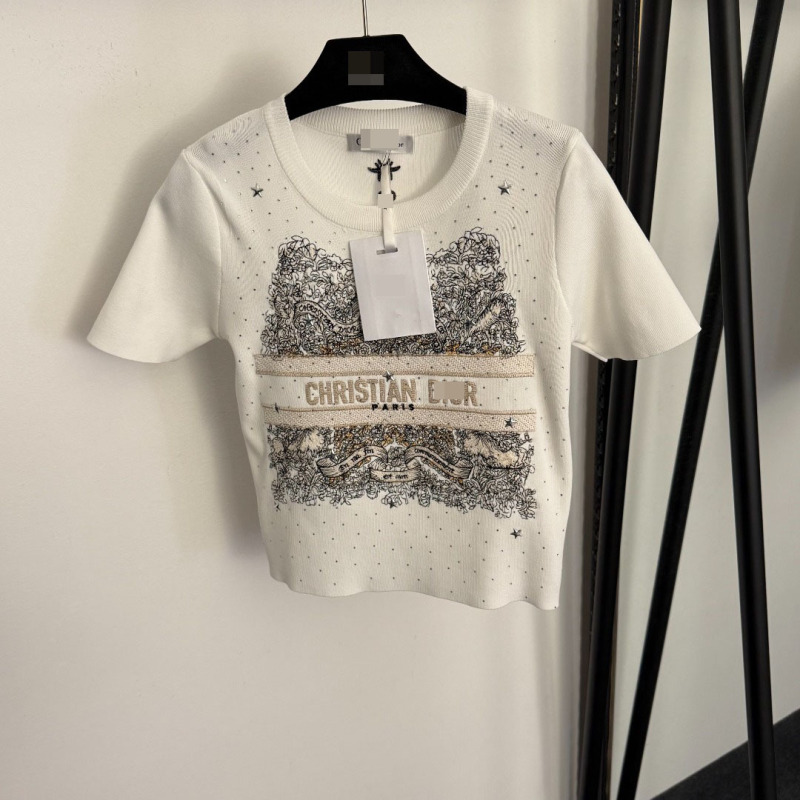 Nanyou High-End Foreign Trade Sweet and Popular New Style Five-Pointed Star Rhinestone Embroidered Letter Short-Sleeve Knit Top