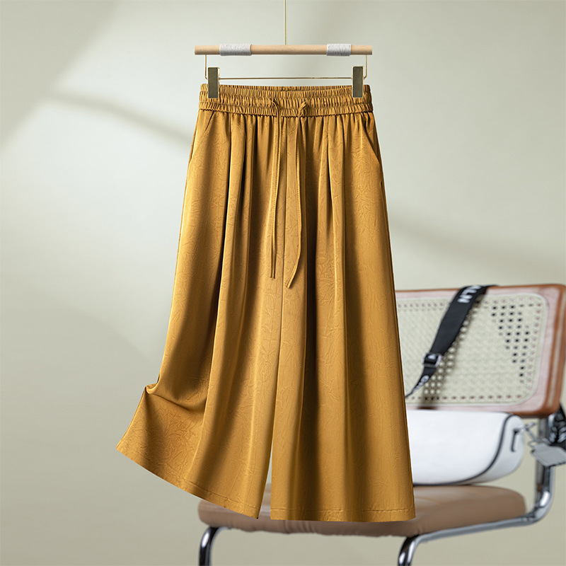 Yellow Wide-Leg Culottes for Women Summer Thin 2025 New Satin Embossed Draped Elegant Three-Point Culottes Loose Summer