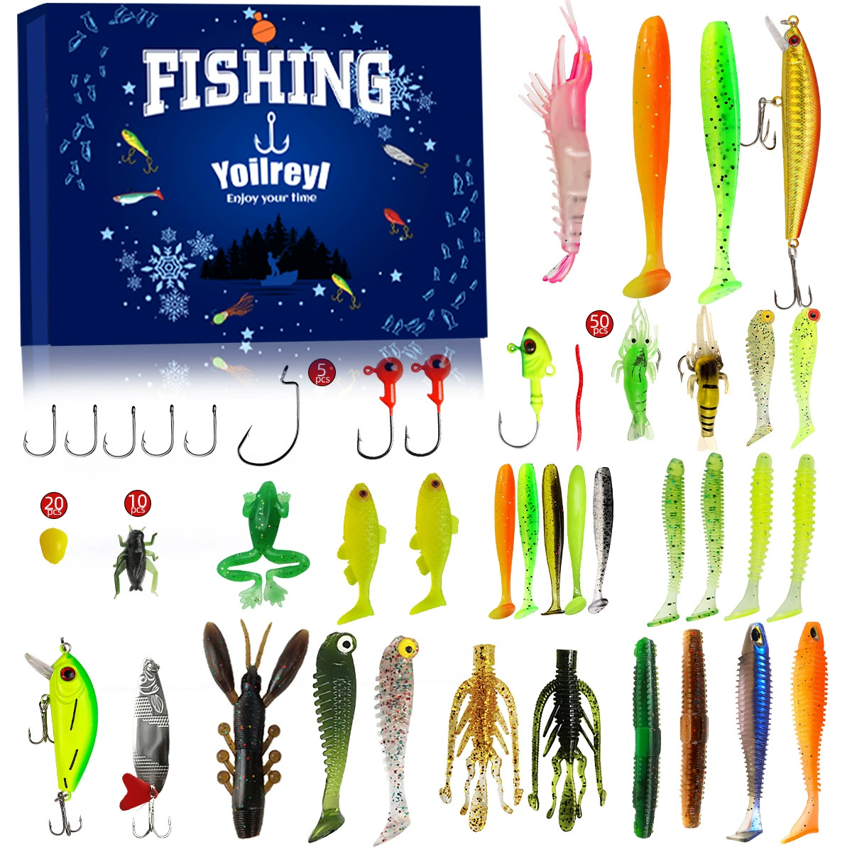 Calendario de Adviento de pesca con señuelos navideños