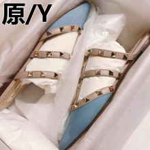 2025新款真皮包头半拖鞋女V家尖头铆钉高跟单鞋外穿凉拖穆勒鞋