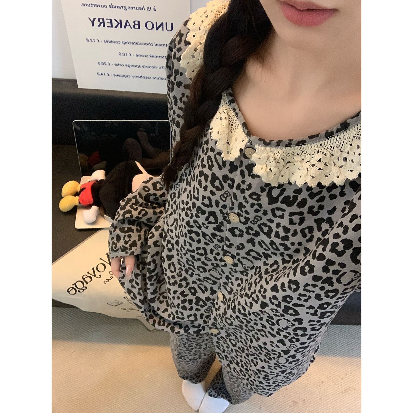 Pijamas de algodón nubes al por mayor transfronterizos primavera y otoño pantalones de manga larga cardigan encaje leopardo ropa casera set
