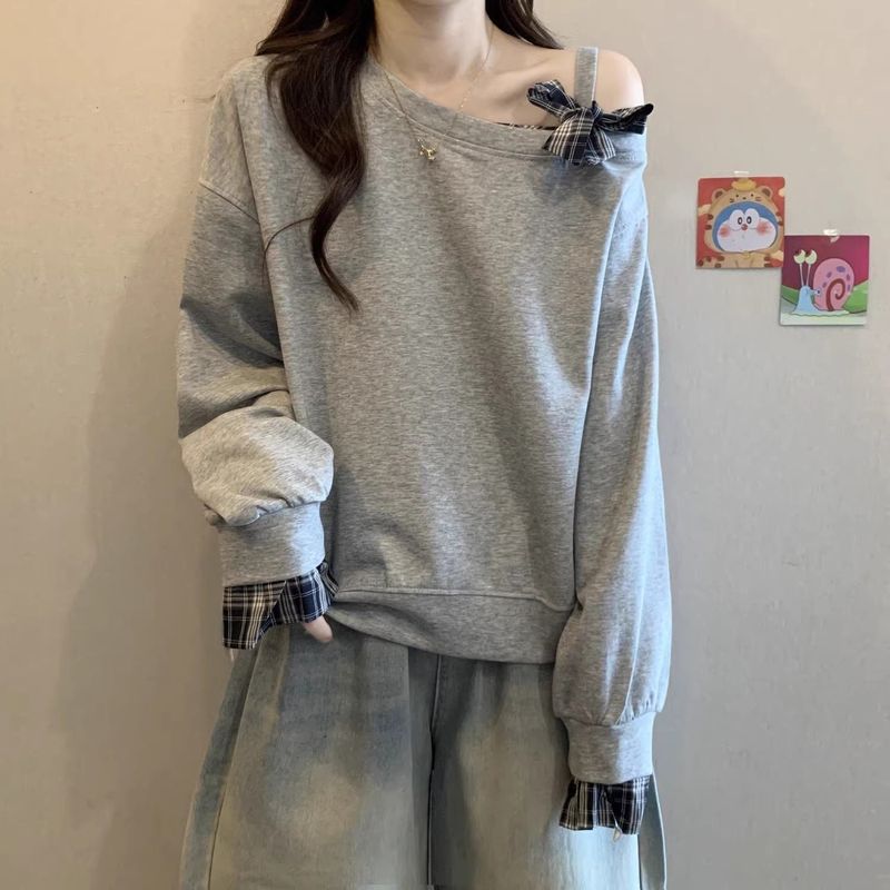 大码格子拼接一字肩斜肩卫衣女春秋新款宽松显瘦遮肉露肩长袖上衣|undefined