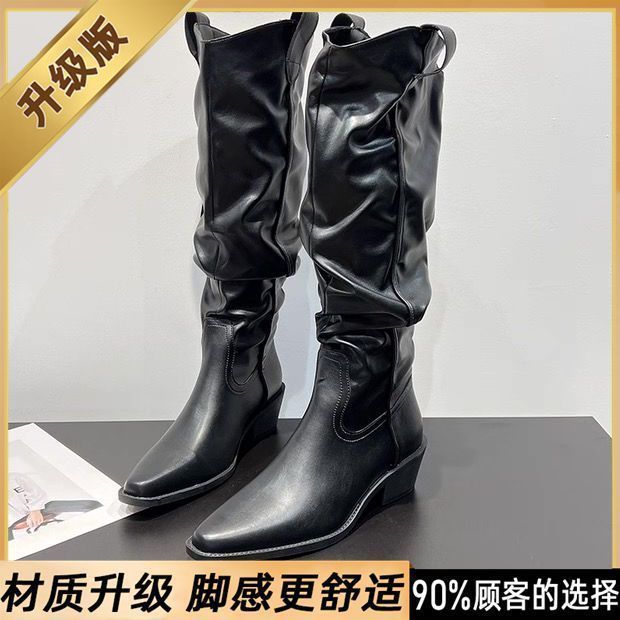 2025年复古尖头皱褶显瘦堆堆靴粗跟高跟长筒时髦长筒时装靴女黑色|undefined