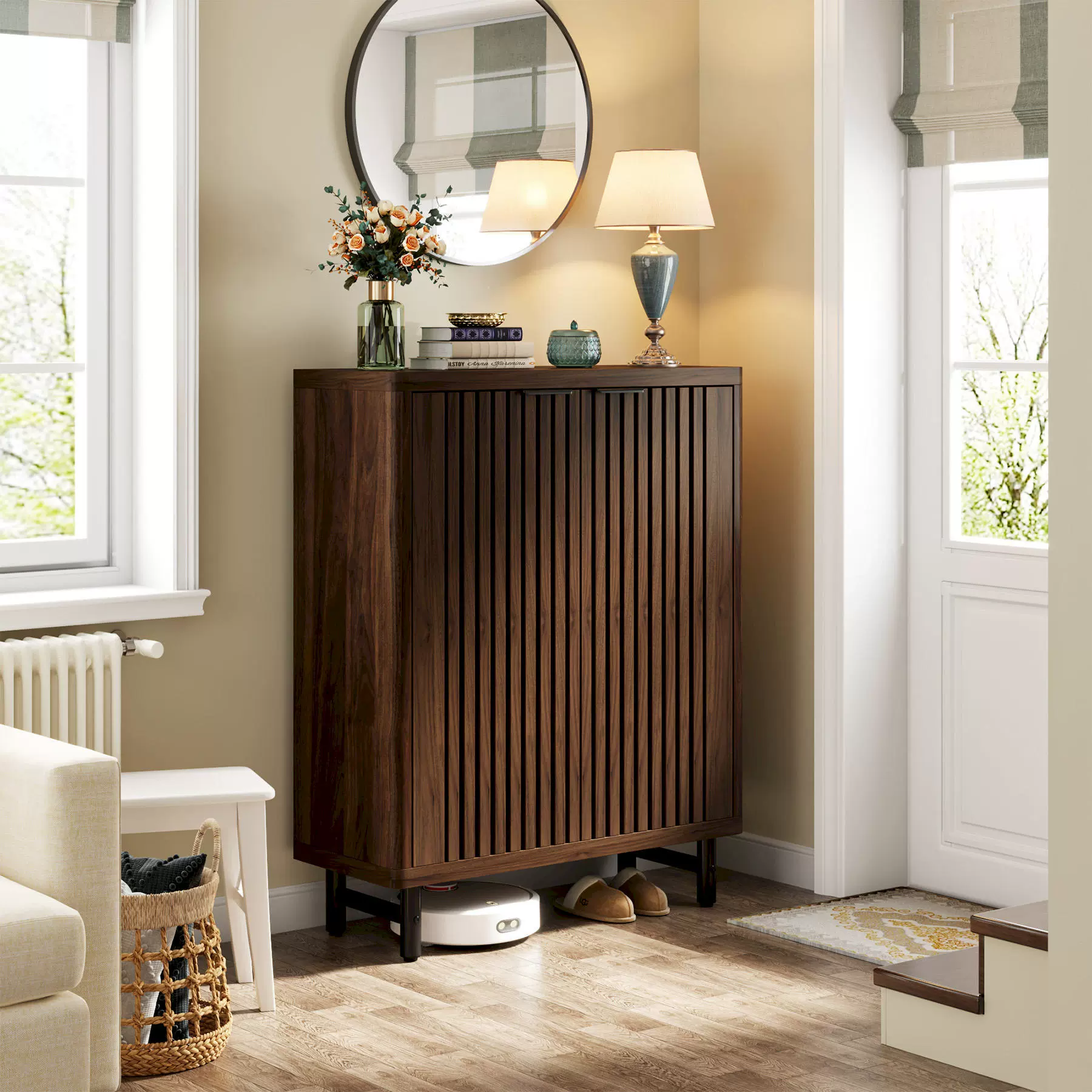 Скандинавский шкаф для обуви, домашний шкаф для обуви в японском стиле, простой шкаф для обуви в прихожей, шкаф для хранения, интегрированный пылезащитный шкаф для обуви из массива дерева для прихожей