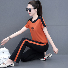 高端品牌休閒套裝女夏季洋氣減齡圓領冰絲短袖闊腿褲運動服兩件套