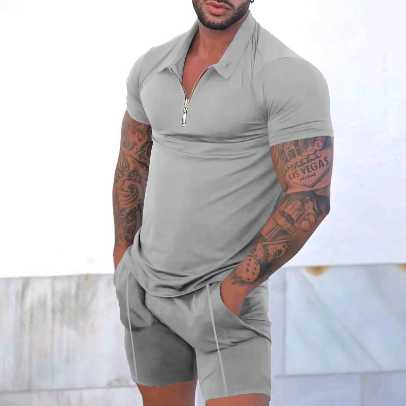 Herren Kontrastfarbenes Reißverschluss Polo Set Mit Shorts_voghion.com