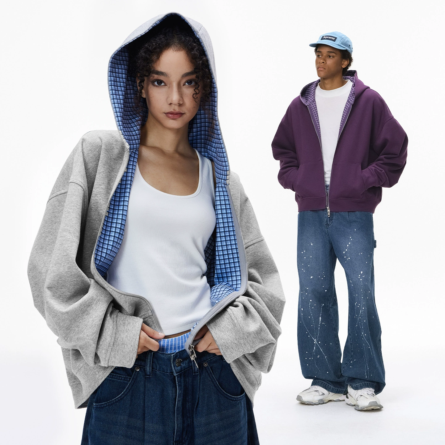 捷展男装|Boxy格纹双色外套25秋季新品欧美短款休闲情侣连帽卫衣