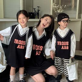 一起玩亲子装 韩版母子母女装学院风Polo衫V领假两件兄妹装男女童