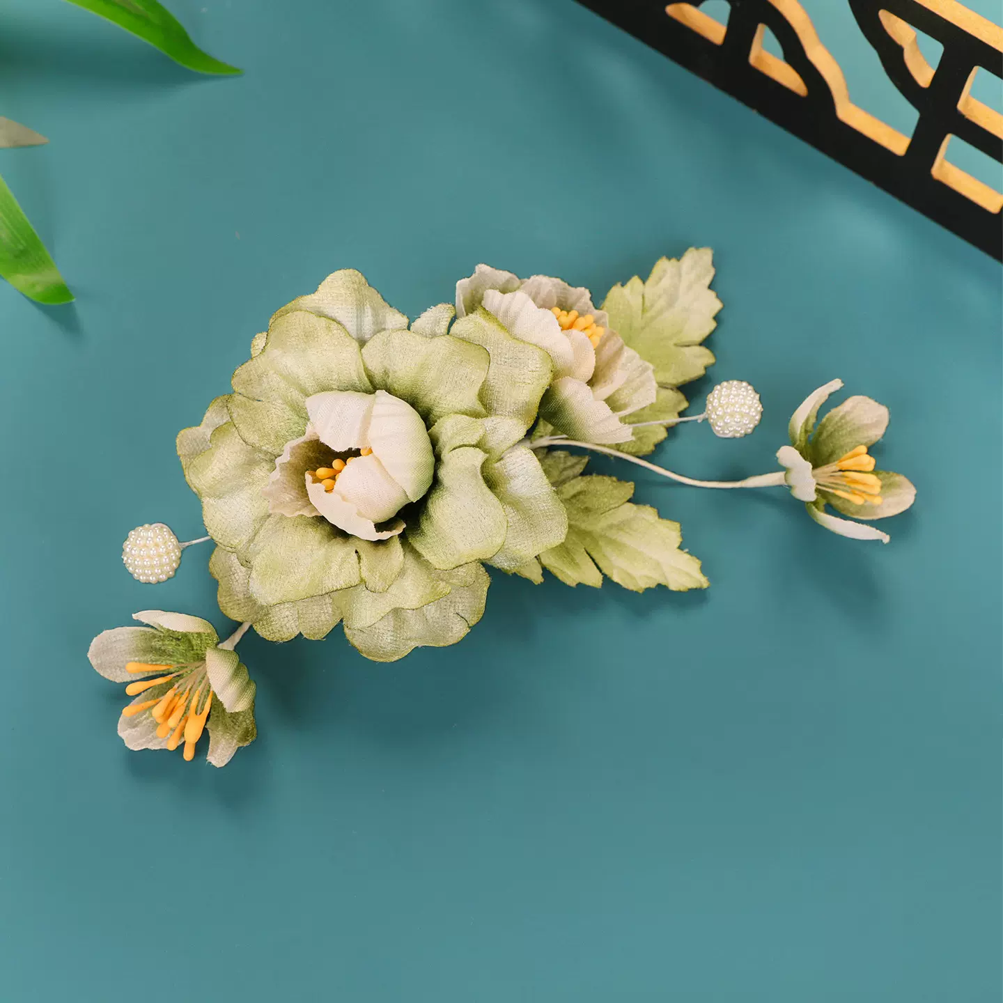 2025秋款原创设计纯手工制作古风发夹渐变绿色花朵仿绒花烫花发饰