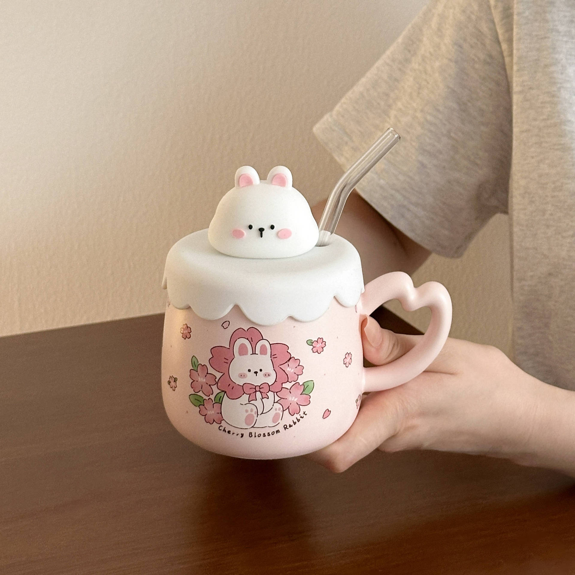 Regalos de cumpleaños lindos cerezas conejos tazas de cerámica con cubierta tazas de paja de desayuno casero café taza de leche