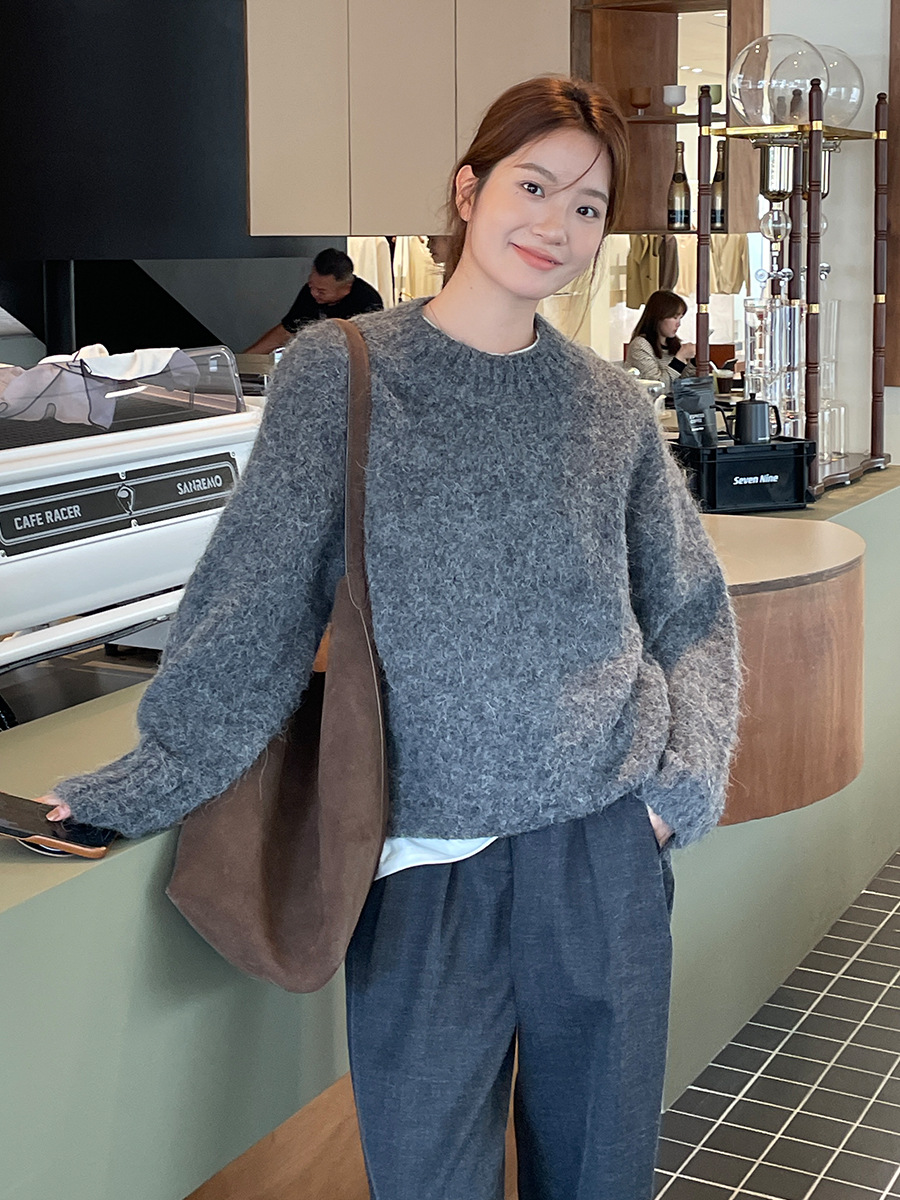 【広州6m】アルパカウールのゆったりとしたセーター2025冬服韓国版シンプル長袖ラウンドネックトップスM9253