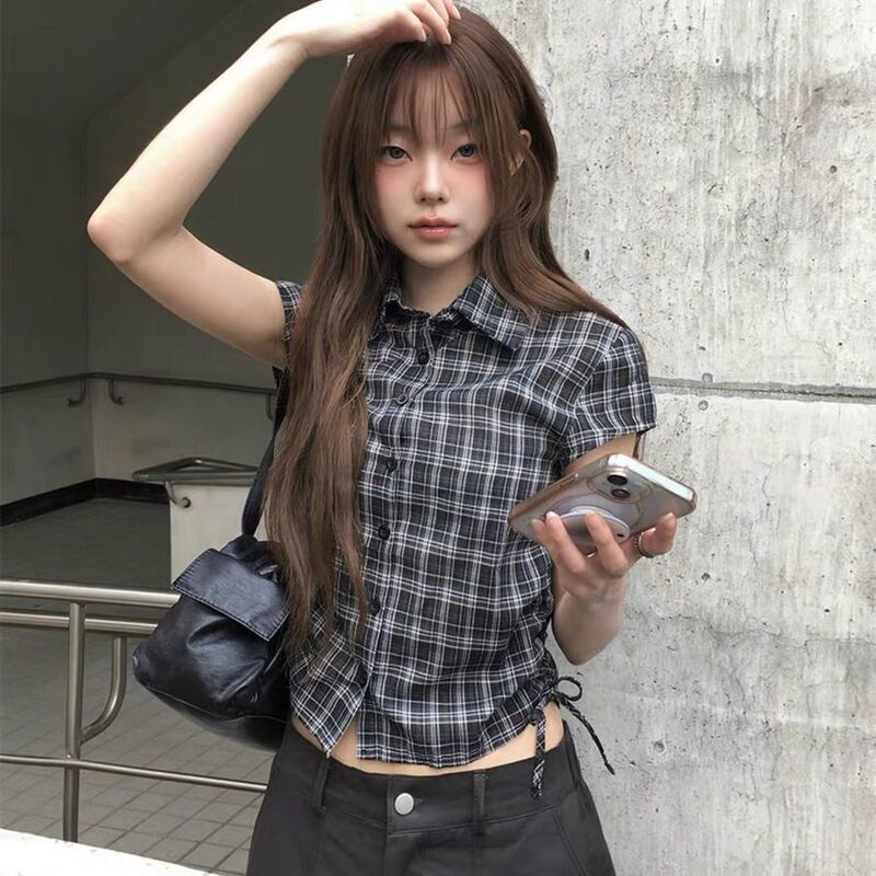 Retro Plaid Slim-Fit Waist-Cinching Shirt, New Summer Style Short Fashion Short-Sleeve Shirt, Slimming Hot Girl Top