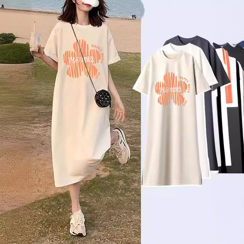 South Korea plus size Short-sleeved dress Summer Loose French Style Elegant Design Sense Niche Split Slimming T-shirt Long Dress