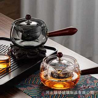 茶具木把款玻璃泡茶壶耐热高硼硅蒸煮茶壶单壶泡茶分离壶玻璃茶壶