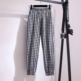 哈伦裤女休闲裤夏季薄款高腰宽松休闲九分裤黑白格子束脚小脚裤子
