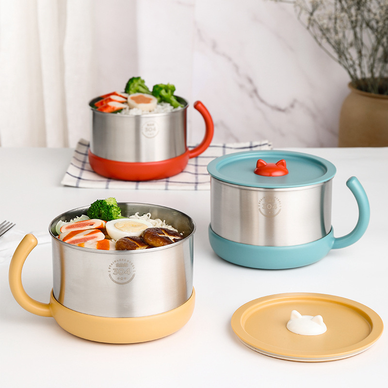 Student dormitory 304 stainless steel instant noodle bowl soup bowl with lid rice bowl office workers portable lunch box wholesale