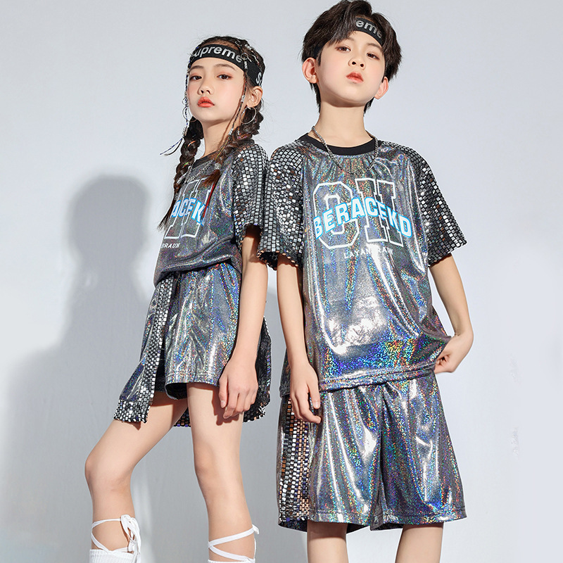 kids boys silver hiphop street jazz dance costumes glitter sequins hip-hop tide gogo dancers cheerleading performing uniforms for boys girls