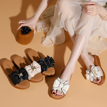 韩版夏季新款真皮蝴蝶结拖鞋女夏外穿高级感厚底沙滩鞋软底一字拖