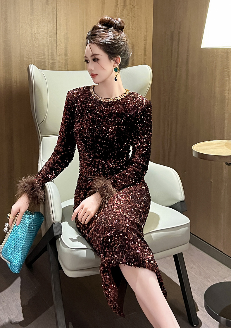 Đầm ôm body nữ phong cách Pháp đính kim cương giả cổ tròn — nâu chi tiết 12