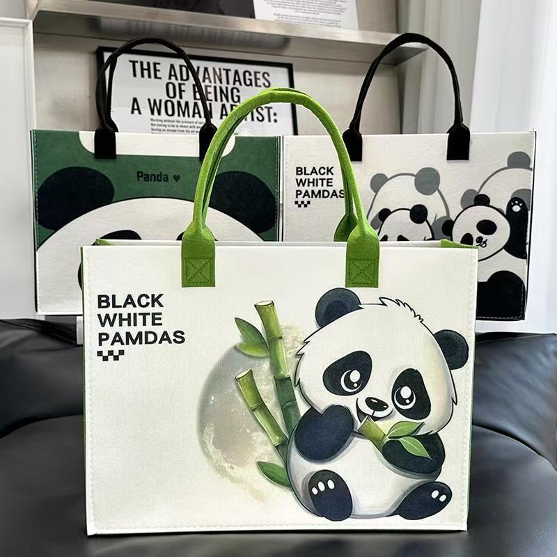 毛毡印花熊猫手提袋毛毡包大容量旅行包托特包收纳购物礼品袋批发