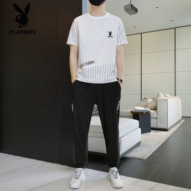 Playboy Men's New Summer Ice Silk Suit Short-Sleeved T-Shirt Loose High-End Trousers Sportswear Two-Piece Set