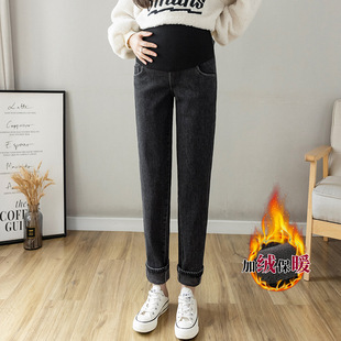 9388B Maternity Velvet Jeans Winter Dad Pants Thickened Warm Belly Support Pants Casual Trendy Mom Pants for Outerwear