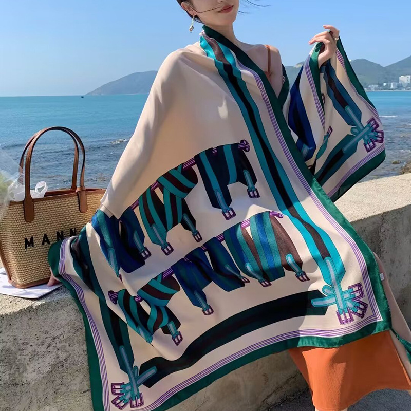 Sopa de satén de twill para mujeres 2025 bufandas de viento nacional de verano tibetanas bufandas de seda protector solar lago Qinghai turismo foto toalla de playa