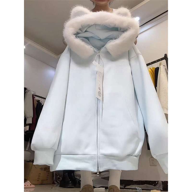 Imitation Cotton Huamian Composite Fur Collar Cardigan Hooded Fleece-Lined Sweatshirt for Women Autumn and Winter Loose Niche Lazy Style Zipper Jacket