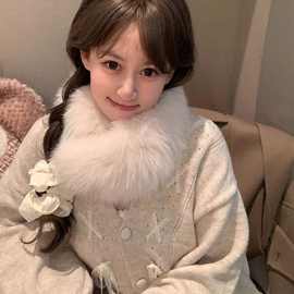 甜美蕾丝绑带开衫毛衣外套女冬季2025新款慵懒风宽松V领针织上衣