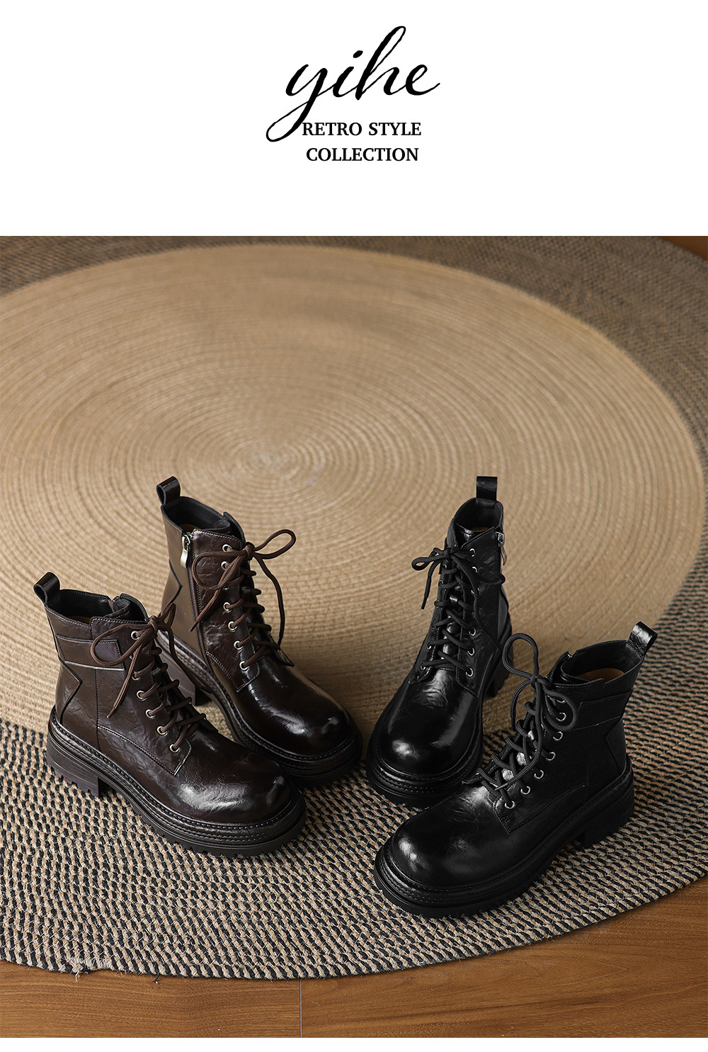 Boot Martin nữ gót dày buộc dây đế tăng chiều cao phong cách Maillard thu đông 2025 — Lớp lót nhung đen, Nhung nâu, Lớp lót đơn màu đen, Lớp lót đơn màu nâu chi tiết 14