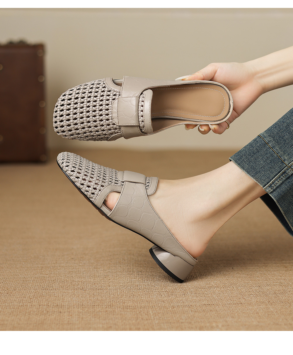 Sandal nữ quai chữ V mũi kín phong cách vintage gót thấp — đen chi tiết 6