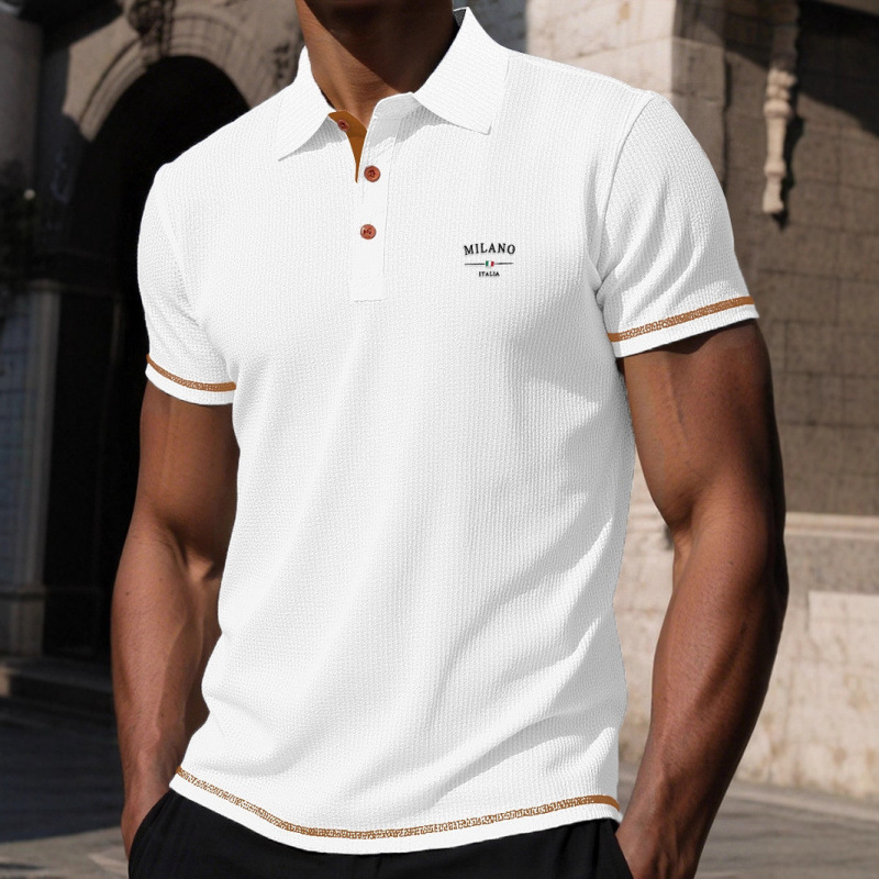 New Summer T-Shirt Short-Sleeved High-End Mesh Ice Silk Letter Printed Short-Sleeved T-Shirt Men's Shirt Collar Summer Pure Color