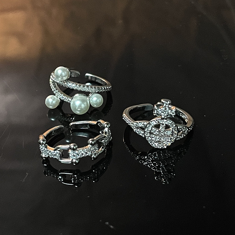 Fashion Geometric Copper Inlay Artificial Pearls Rhinestones Open Ring 1 Piece