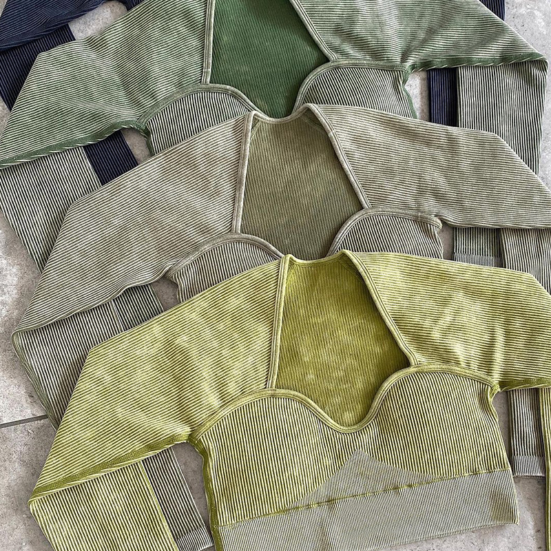 现货！新款砂洗ins长袖性感运动文胸短款提臀裤瑜伽裤瑜伽服套装