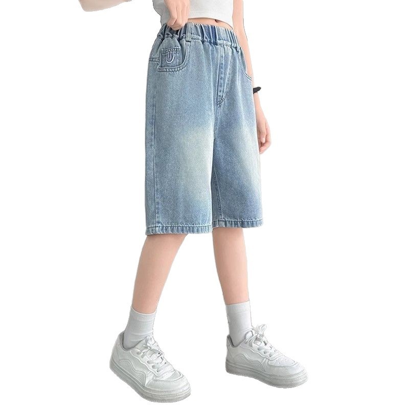 女の子夏パンツデニムショートパンツ2025新作ミディアムパンツ女の子中大子供用おしゃれ薄手スタイル|undefined