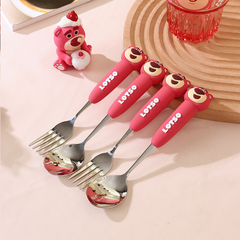 Disney Strawberry Bear 304 Cuchara de acero inoxidable Lindo juego de cuchara de tenedor para bebés Cuchara pequeña Comida en casa Niños