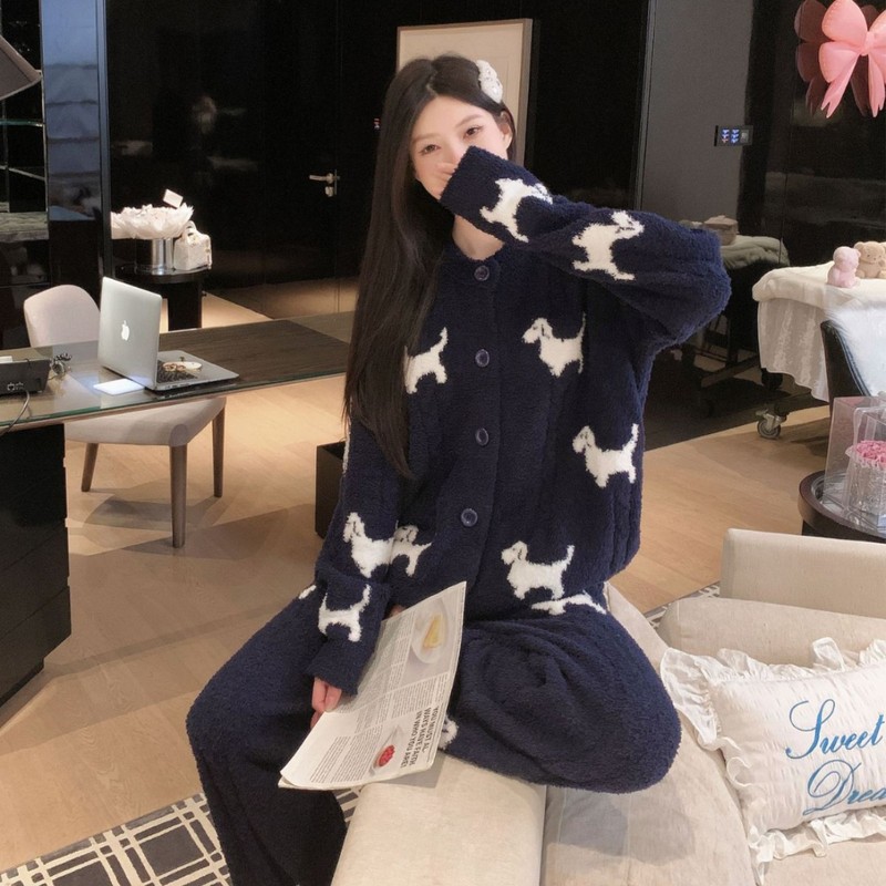 半边绒睡衣卡通小熊可爱睡衣宽松外穿开衫软糯加厚慵懒风女家居服|undefined