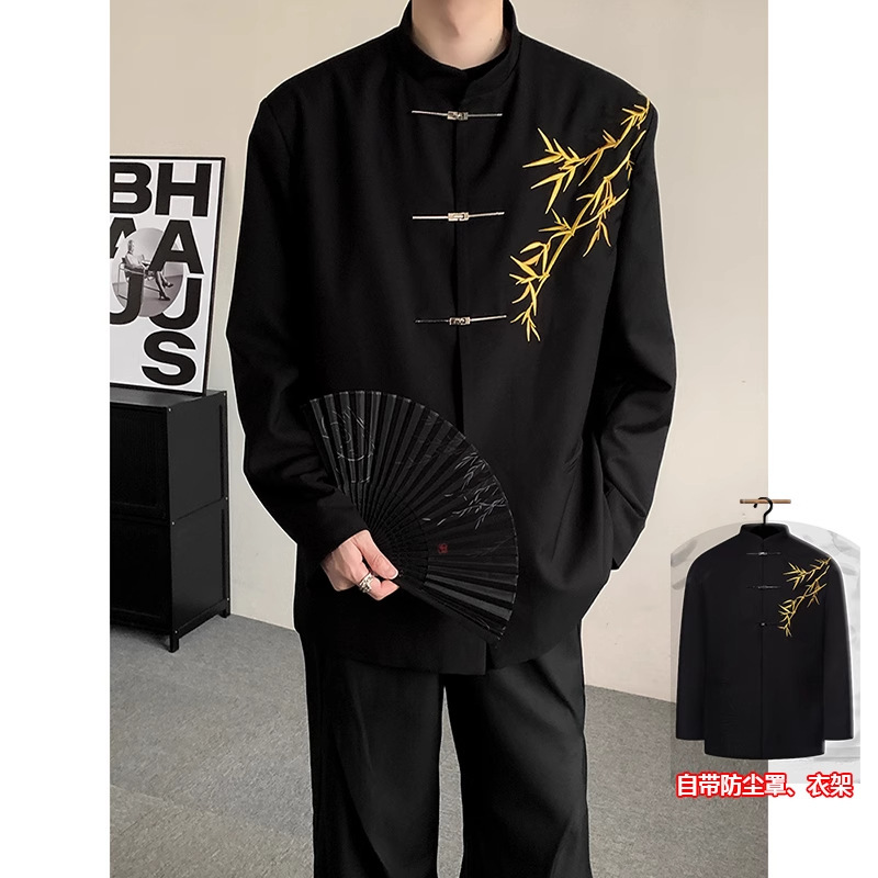 新中式国风金竹刺绣飞机扣中山装高级感西装外套男订婚礼西服套装|undefined