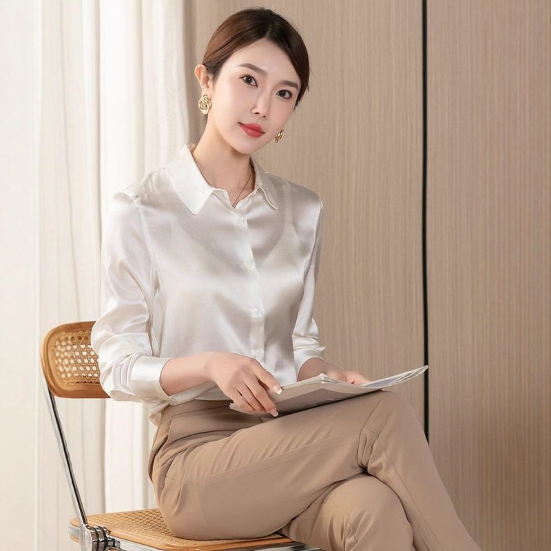 2025 Spring and Autumn New High-End Gray Acetate Satin Shirt Women's Long Sleeve Chic French Silk Professional Shirt