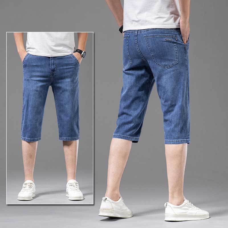 夏季大码裤子男修身小直筒牛仔短裤青年弹力百搭七分裤男生休闲装